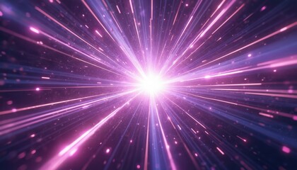 Abstract digital art starburst effect with neon lines on deep purple background. CG hyperspace with warp speed. Light beams tunnel, radial rays background with hyper futuristic vibrant shades.