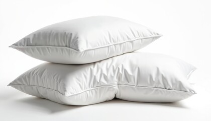 Stack of soft white sleeping pillows on white background. Bedding items for rest, relaxation, good sleep. Comfortable cushion objects. Home interior design elements, decor inspiration. Hotel bedroom