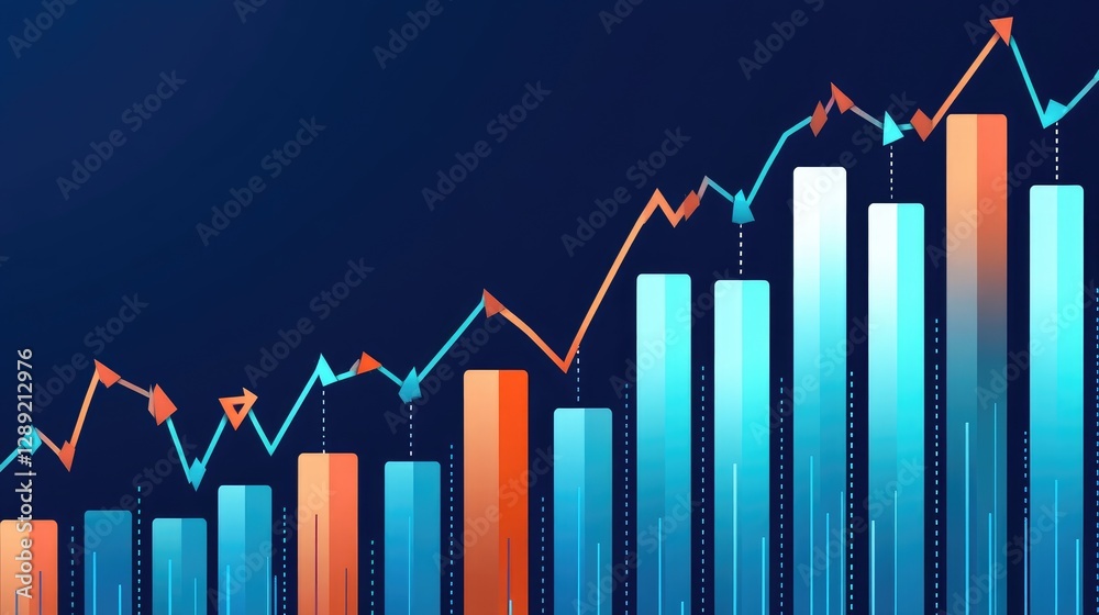 Poster a glowing d bar chart in metallic colors, floating above a dark background with digital data points 