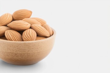 Natural almonds arranged in wooden bowl, showcasing earthy tones