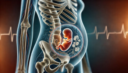 Illustration showcasing human anatomy with a fetus inside the womb, highlighting the skeletal structure and heartbeat