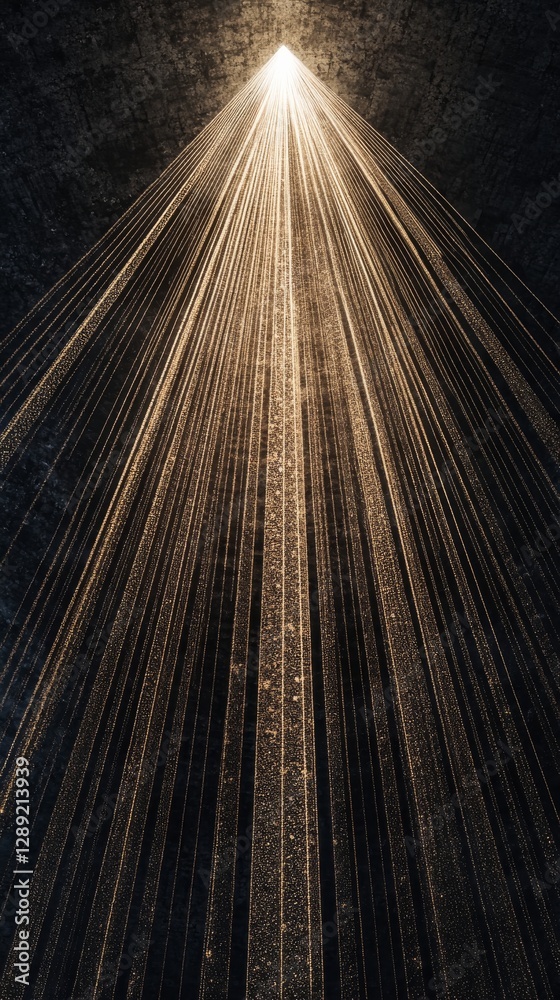 Poster Rays of golden light streaming upward from a dark textured surface, creating an ethereal and mystical atmosphere. Illuminated abstraction concept