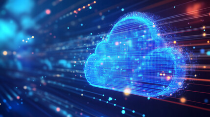 Obraz premium Dive into the future of business with cloud computing, big data, and 5G networks driving digital transformation in Industry 4.0. Explore abstract visuals of a futuristic blue cloud