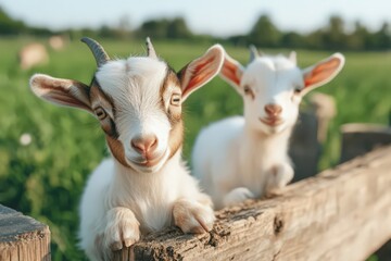 Obraz premium Two adorable young goats peek over a wooden fence in a lush green pasture. Warm sunlight illuminates the scene