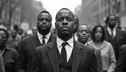 Monochrome group portrait of determined African American men, women marching for civil rights during Black History Month. Resolute leader in foreground, strength, unity. Vintage style photo for