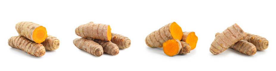 Set of turmeric roots isolated on white