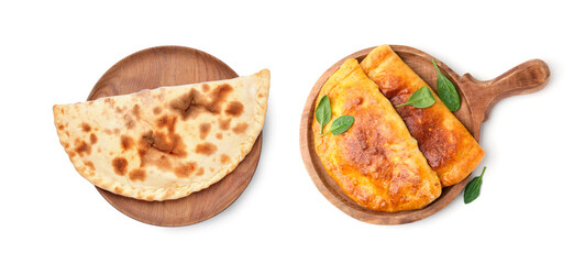 Delicious calzones isolated on white. Top view