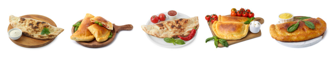 Different delicious calzones isolated on white, set