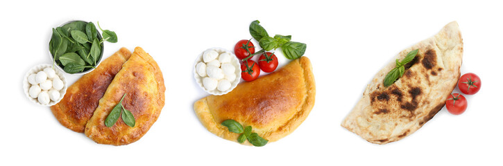Delicious calzones isolated on white, set. Top view