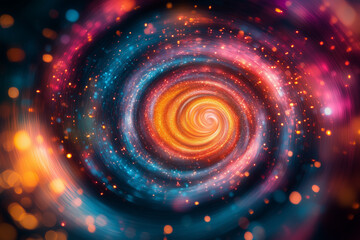 Abstract Spiral Galaxy with Orange Blue and Red Colors and Glowing Particles