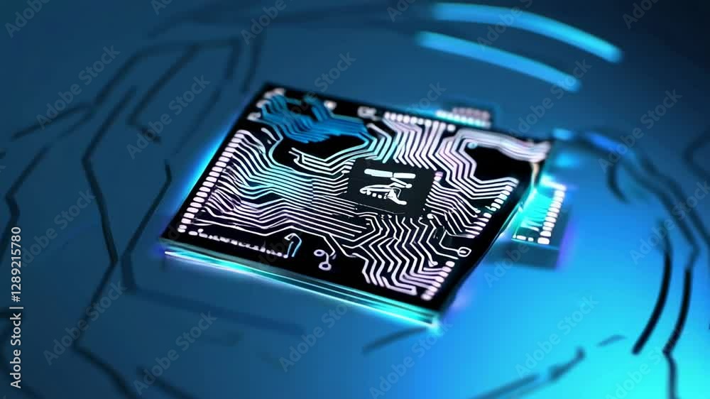Aufkleber Advanced artificial intelligence microchip slowly transforming across pulsing blue circuit board, symbolizing technological innovation and digital evolution of computing systems