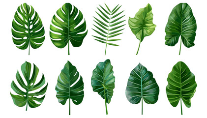 Green tropical leaves, vector natural isolated on transparent background, summer foliage, botanical greenery, nature, exotic plants, lush leaves, fresh foliage backdrop