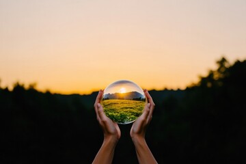 Hands hold crystal ball reflecting serene sunset over lush lands