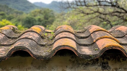 Weathered Clay Roof Tiles with Moss and Lichen Against Lush Greenery and Mountains in Background