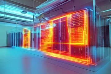 Advanced data center showcasing futuristic technology and glowing servers at night