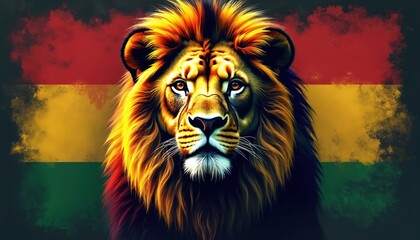 Digital illustration of lion with rasta colors background. Lion head close-up portrait. Rasta colors theme animal art, graphic feline with colorful dreadlocks, reggae, rastafarian culture. Wild cat.