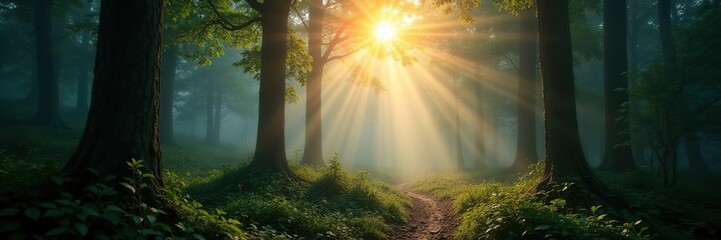 Dense forest with sunlight breaking through morning fog, dawn, morning, forests