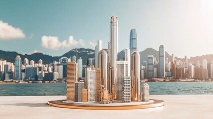 Obraz premium A polished D bar chart with reflective glass bars, representing quarterly growth. A modern cityscape fades into the background, symbolizing corporate success and expansion.