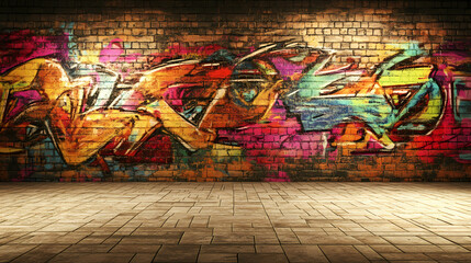 Obraz premium Vibrant graffiti street texture, bold colorful sprays on a weathered wall with dynamic urban energy. Vibrant Street Graffiti Wall. Illustration
