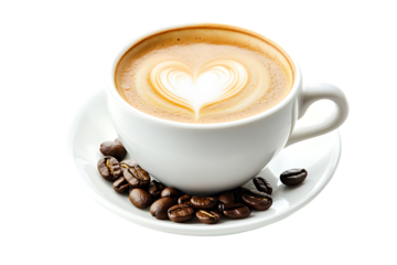 Latte art heart in white cup with beans.