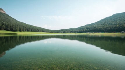 Fototapeta premium Serene landscape with calm lake reflecting mountains and lush gr