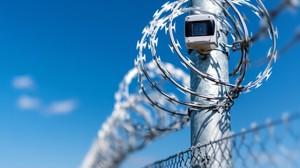 Barbed wire fence and a security camera with blue sky on the background.