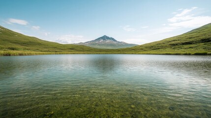 Serene landscape featuring tranquil lake reflecting distant moun