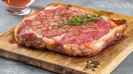 Fototapeta premium A romantic dinner setting with a beautifully plated ribeye steak, garnished with a sprig of thyme, served with a glass of wine and candlelight casting a warm glow.