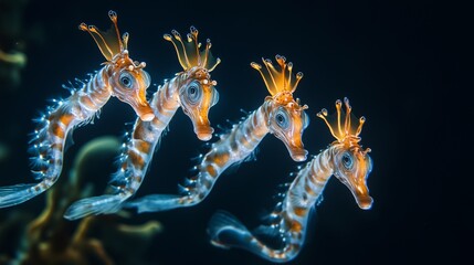 Cztery koniki morskie z ozdobnymi grzebieniami w ciemnych głębinach oceanu
