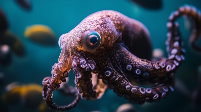 Ośmiornica z rozwiniętymi mackami pływająca w toni wodnej oceanu