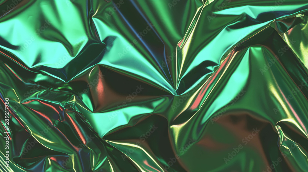 Poster vibrant metallic green foil texture with dynamic rumpled folds for design projects