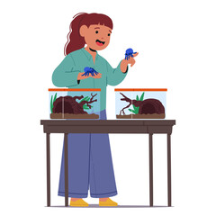 Cute little girl child cartoon character caring for pet insects holding pair of spiders in hands