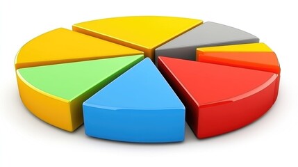Obraz premium A rotating D pie chart with bold colors and segmented slices, representing different market shares. The chart is displayed against a white background with light reflections.