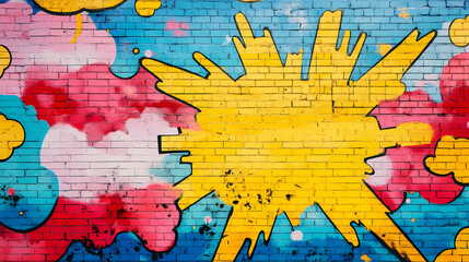 Obraz premium Pop art comic street graffiti with vibrant colorful splash on brick wall. dirty wall background poster. copy paste area for text and brand. Vibrant Street Graffiti Wall. Illustration