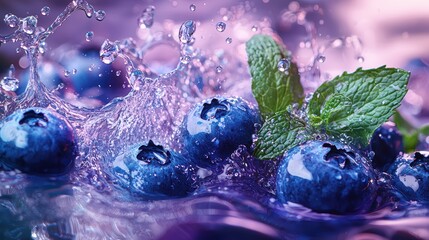 Vibrant water splash with fresh blueberries and mint leaves