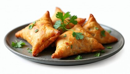 Fried samosas on plate garnished cilantro, isolated on transparent background. Crispy indian snack pastry triangular savory. Appetizing flavorful dish, popular street food, culinary delight,