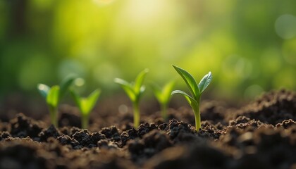 Sprouting seedlings in soil under soft sunlight, hopeful mood, natural background, copy space