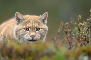 Naklejka premium Close-up of a lynx peering from behind low-lying vegetation, its fur a light reddish-brown, set against a softly blurred green and brown background