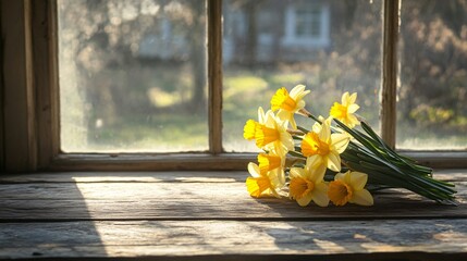 A bundle of freshly picked daffodils resting on a weathered wooden table, soft morning sunlight streaming through an old farmhouse window