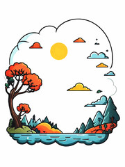 cartoon ornament sticker landscape with mountains, lake and trees