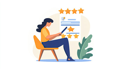 Fototapeta premium Woman Reviewing Five-Star Feedback on Tablet, Positive Customer Review Illustration