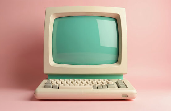 Vintage beige computer with screen and keyboard on bright pink background. Retro tech concept classic PC design for desktop computing. Old school hardware, minimalist style.