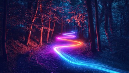 Obraz premium Enchanted Forest Path: A Nighttime Journey Through Neon Trails