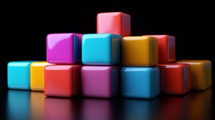 3D abstract geometric blocks in varying sizes, with shadow play and soft reflections, against a solid black background