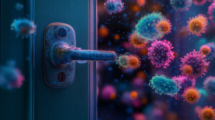 Visual representation of microorganisms invading through a doorway illustrating the spread of infectious diseases in an indoor environment