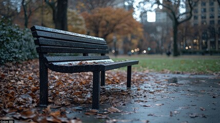 Park bench on a rainy autumn day, city park scene, tranquil atmosphere, suitable for backgrounds or stock photos