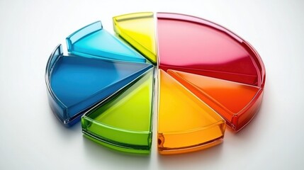Fototapeta premium A sleek D pie chart with glossy segments in various shades of red, blue, and green. The chart is set against a minimal white background, with subtle shadows for depth.