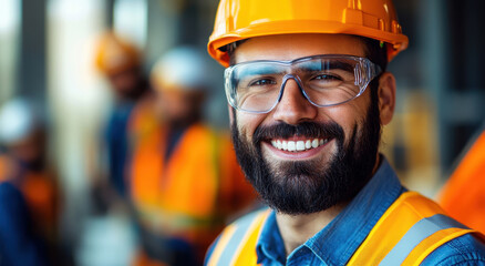 Close-up of a smiling construction worker wearing safety gear, confidently posing at a busy construction site during bright daylight