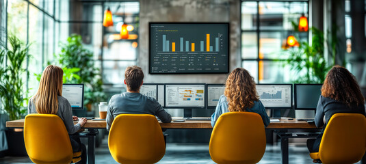 Collaborative Workspace with Diverse Team Analyzing Data on Screens in Modern Office Environment