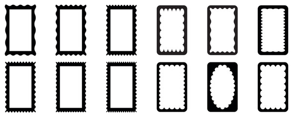 Scalloped edge seamless frame. borders and dividers. Vector scalloped round, oval, square or rectangular shapes with black elegant curves boast vintage intricacy,